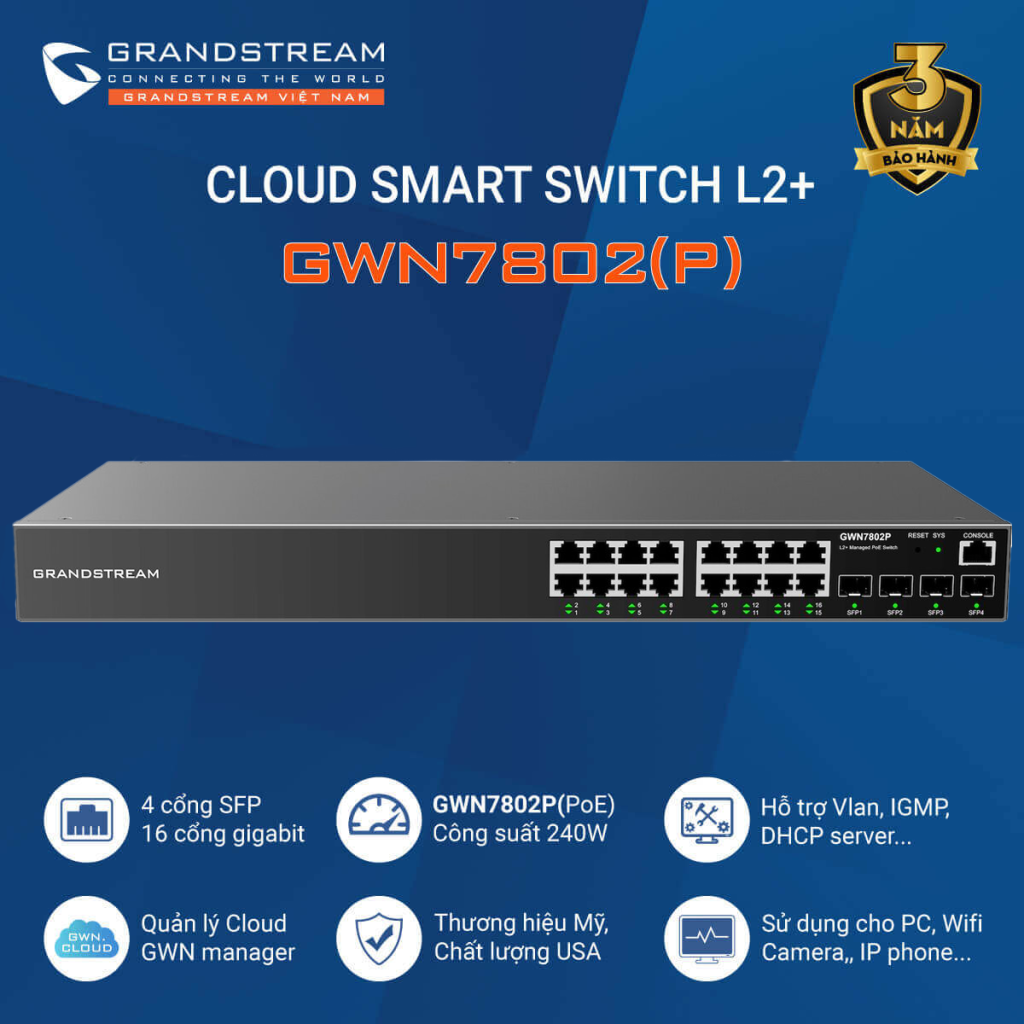 Switch 16 cổng Gigabit Layer 2+ PoE Grandstream GWN7802P