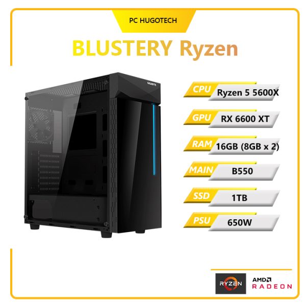 PC Hugotech Ryzen Blustery (Ryzen 5 5600X/VGA RX 6600 XT/RAM 16GB (8GB x 2)/B550/SSD 1TB/650W)