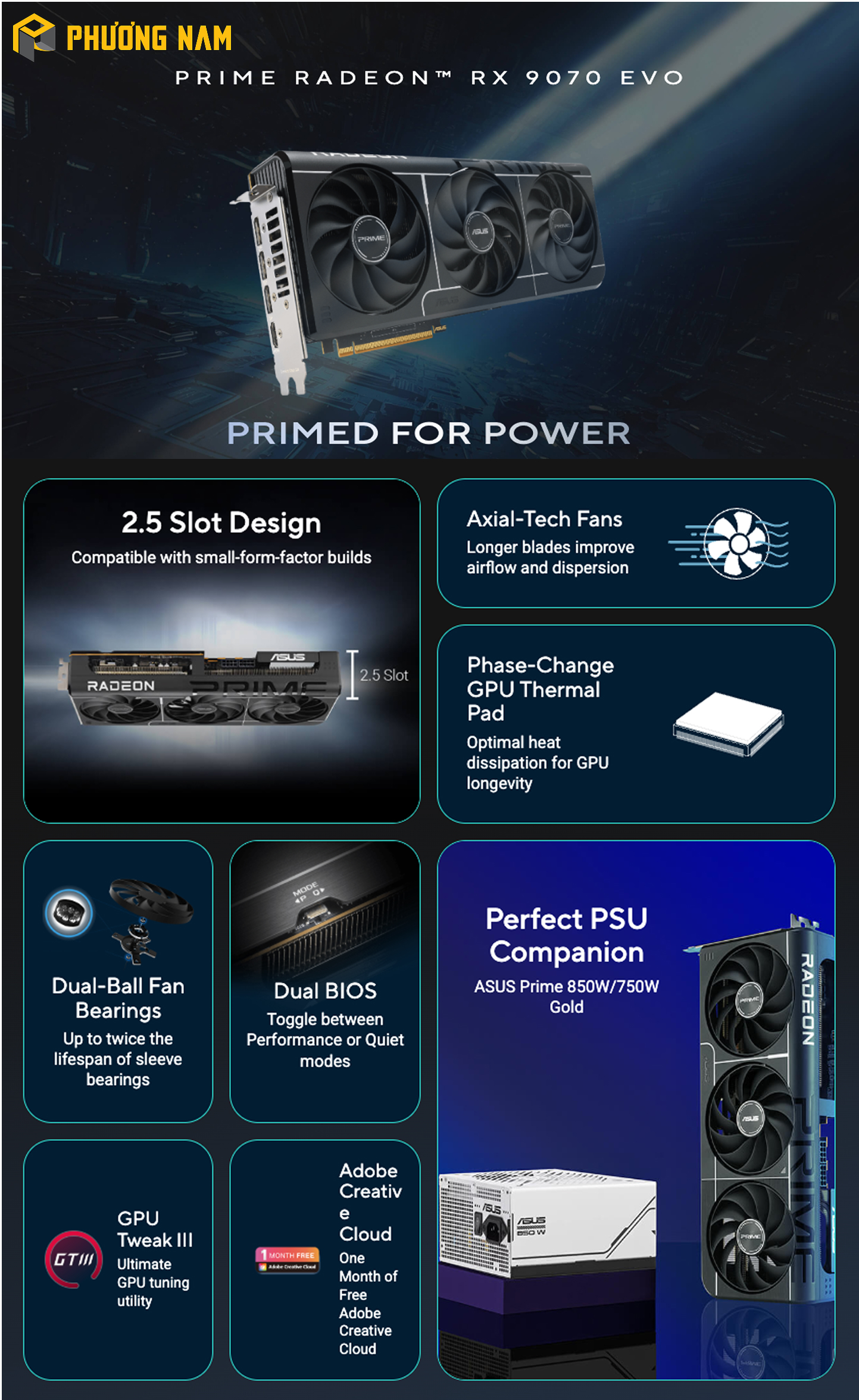 Card màn hình Asus Prime Radeon RX 9070 EVO OC Edition 16GB GDDR6 (PRIME-RX9070-O16G-EVO) Card màn hình Asus Prime Radeon RX 9070 EVO OC Edition 16GB GDDR6 (PRIME-RX9070-O16G-EVO)