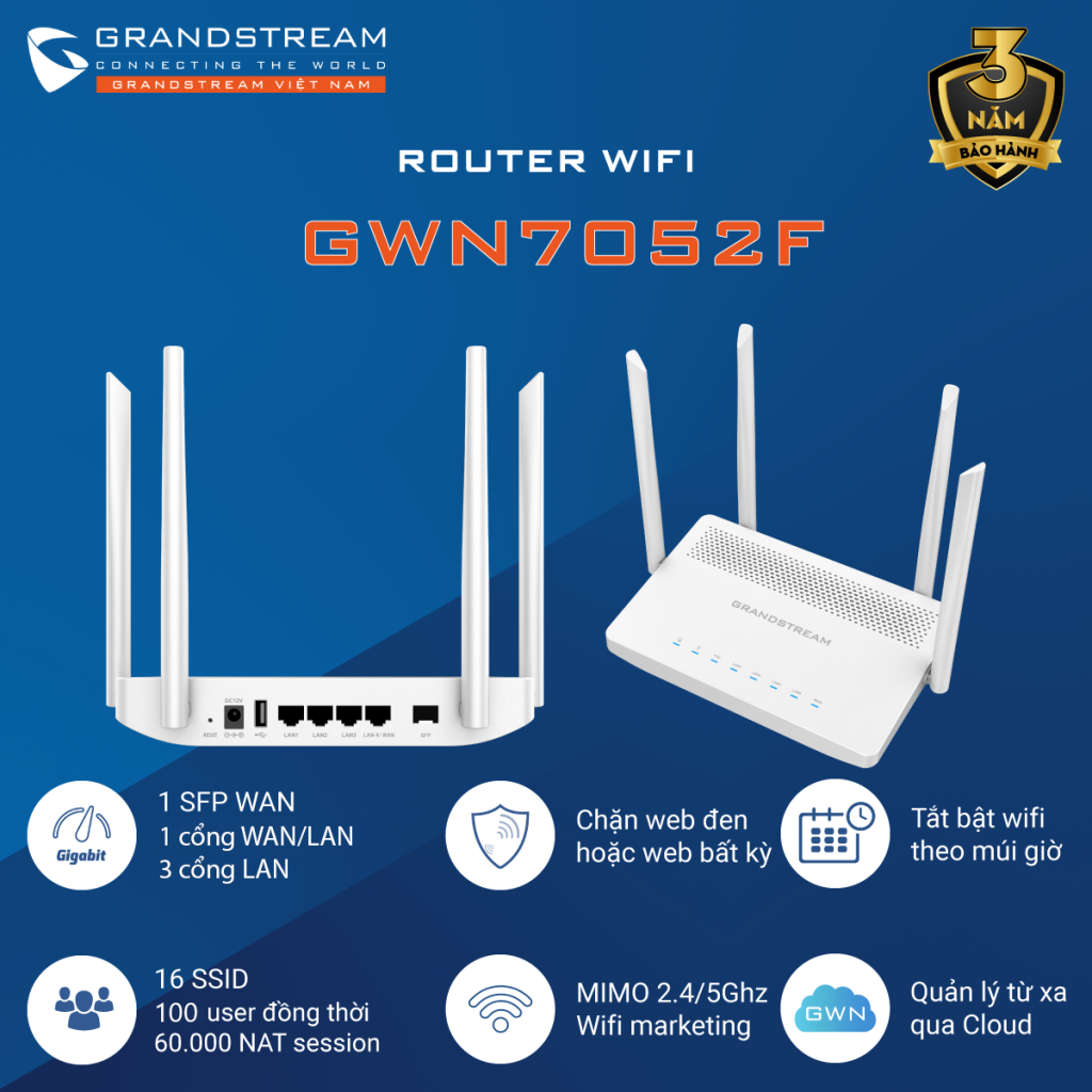 Router WiFi băng tần kép Grandstream GWN7052F