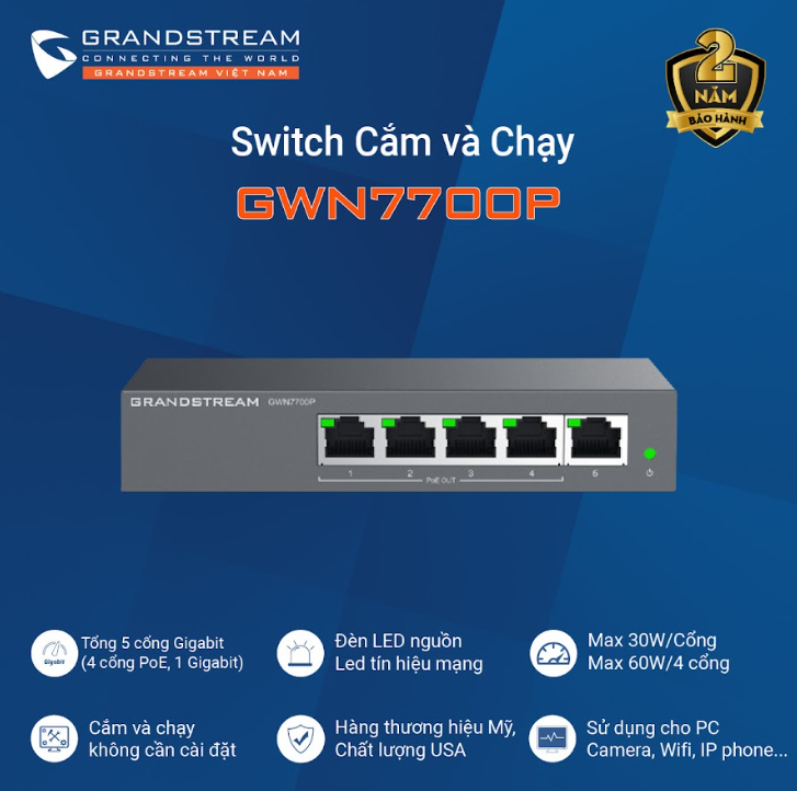 Switch 5 cổng Gigabit PoE Grandstream GWN7700P
