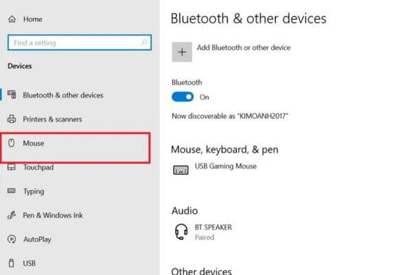 Bước 2: Vào Mục Device và sau đó chọn Mouse