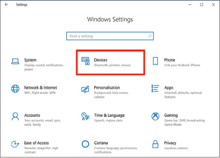 Bước 1: Bạn mở cửa sổ Settings trên Windows 10 bằng tổ hợp phím Windows + I. Khi cửa sổ Windows Settings được mở ra, bạn chọn vào mục Devices.