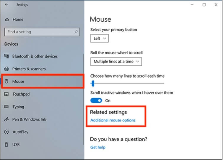 Bước 2: Ở khung phía bên trái, bạn hãy chọn vào phần Mouse. Sau đó, bạn chọn vào mục Additional mouse options nằm ở bên dưới phần Related Settings.