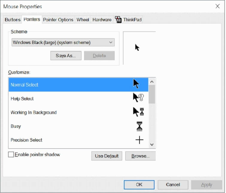 Bước 3: Ngay sau đó, cửa sổ Mouse Properties sẽ được mở ra. Bạn chuyển sang tab Pointers. Trước tiên sẽ là tùy chọn Scheme. Sau đó, hãy nhấn chuột vào biểu tượng mũi tên xổ xuống ngay bên cạnh. Sẽ có rất nhiều hình dạng con trỏ chuột khác nhau được mở ra. Nó chính là một bộ sưu tập gồm những hình ảnh tỉnh, động để các bạn thay thế con trỏ.