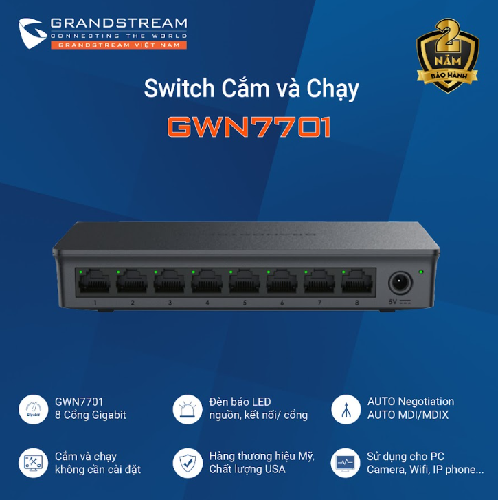 Switch 8 cổng Gigabit PoE Grandstream GWN7701