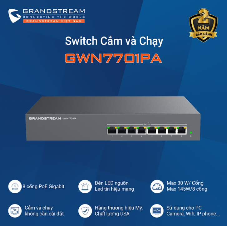 Switch 8 cổng Gigabit PoE Grandstream GWN7701PA